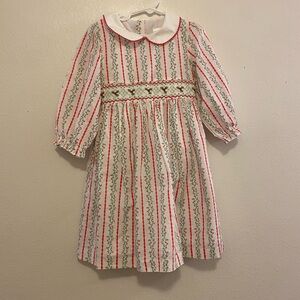 Edgehill Collection White and Red Striped Smocked Girls Dress Holly Christmas